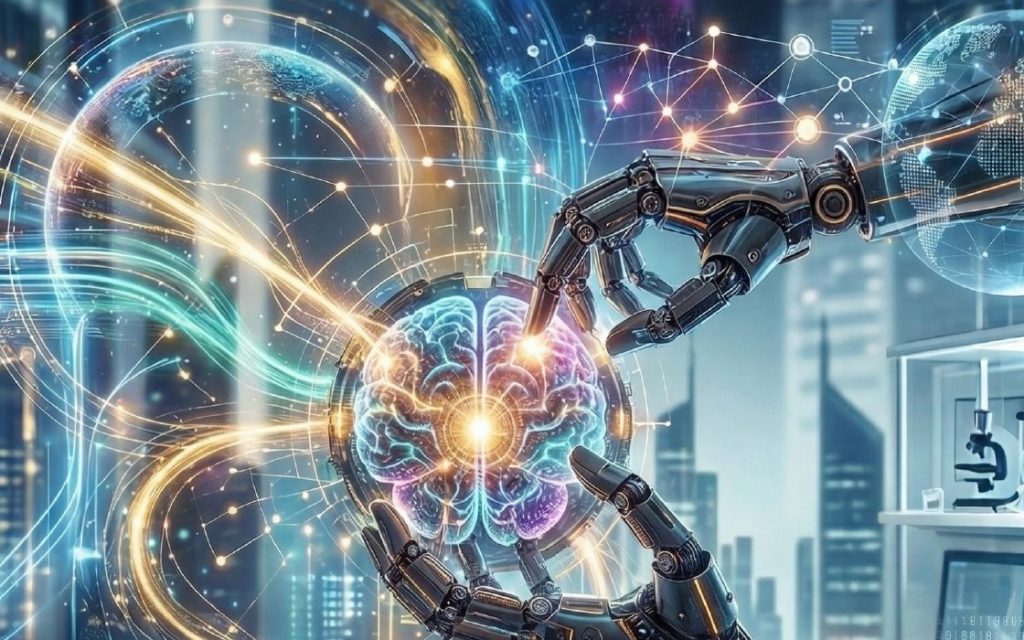 Yapay zekâ beynini tutan robot elleri ve veri ağlarından oluşan illüstrasyon